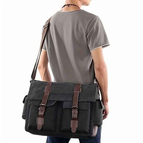 Black Men'S Canvas Messenger Bag Durable Work Bag Laptop Shoulder Bag Australian