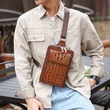 Brown Black Men'S Chest Bag Crocodile-Embossed Bag Travel Bag Daily Use Bag Stylish Mens