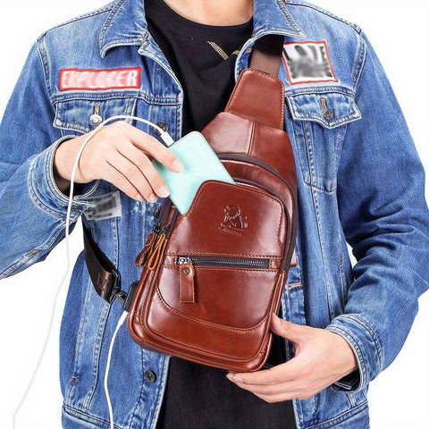 Brown Leather Sling Backpack Top-Grain Cowhide Backpack Travel Sling Bag Stylish