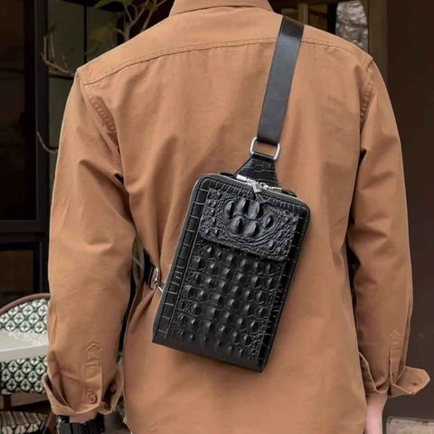 Black Brown Leather Cross-Body Bag Sling Bag Crocodile Pattern Bag Travel Bag Premium