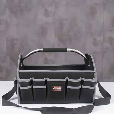 Black Yellow portable tool organizer, tool basket, tool storage, DIY tools, professional tools, tool compartments, Australian tradesperson, workshop organizer, heavy-duty tool carrier