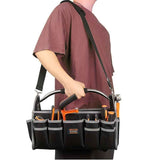Black Yellow portable tool organizer, tool basket, tool storage, DIY tools, professional tools, tool compartments, Australian tradesperson, workshop organizer, heavy-duty tool carrier