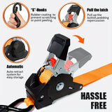 Yellow automatic webbing recovery ratchet strap, vehicle cargo strap, heavy-duty ratchet strap, long-length ratchet strap, easy-to-use ratchet strap, Australian transport