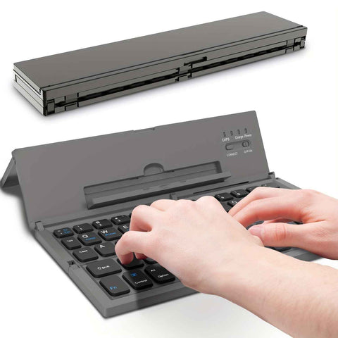 Black foldable wireless keyboard, Broadcom Microchip, US layout keyboard, iOS compatible keyboard, Android compatible keyboard, Windows compatible keyboard, portable keyboard, triple fold keyboard, Australian market keyboard, on-the-go typing