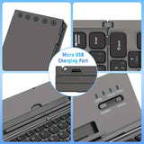 Black foldable wireless keyboard, Broadcom Microchip, US layout keyboard, iOS compatible keyboard, Android compatible keyboard, Windows compatible keyboard, portable keyboard, triple fold keyboard, Australian market keyboard, on-the-go typing