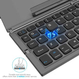 Black foldable wireless keyboard, Broadcom Microchip, US layout keyboard, iOS compatible keyboard, Android compatible keyboard, Windows compatible keyboard, portable keyboard, triple fold keyboard, Australian market keyboard, on-the-go typing