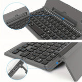 Black foldable wireless keyboard, Broadcom Microchip, US layout keyboard, iOS compatible keyboard, Android compatible keyboard, Windows compatible keyboard, portable keyboard, triple fold keyboard, Australian market keyboard, on-the-go typing