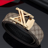 Men'S Genuine Leather Belt X-Shaped Buckle Men'S Accessories Trendy Belt - Khaki strap with gold buckle - Size 105cm