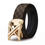 Men'S Genuine Leather Belt X-Shaped Buckle Men'S Accessories Trendy Belt - Khaki strap with gold buckle - Size 110cm