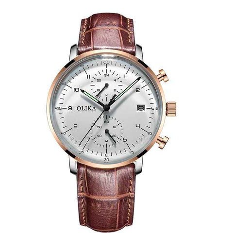 men's watch, ultra-thin watch, leather strap watch, luminous watch, waterproof watch, date calendar watch, curved glass watch, casual sports watch, OLIKA watch, men's fashion watch - Brown leather belt with rose - gold and white surface - Size Man