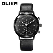 men's watch, ultra-thin watch, leather strap watch, luminous watch, waterproof watch, date calendar watch, curved glass watch, casual sports watch, OLIKA watch, men's fashion watch - Genuine leather strap with a black surface - Size Man