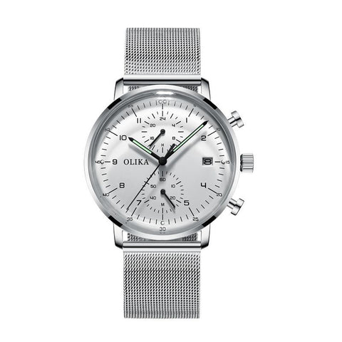 men's watch, ultra-thin watch, leather strap watch, luminous watch, waterproof watch, date calendar watch, curved glass watch, casual sports watch, OLIKA watch, men's fashion watch - Stainless steel with a white face - Size Man