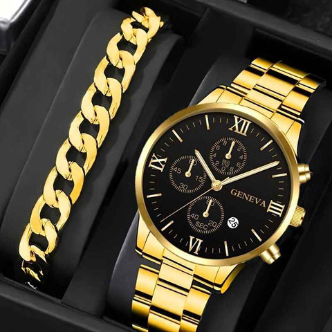 men's watch, Geneva calendar watch, stainless steel watch, business watch for men, Australian men's fashion, dress watch, formal watch, calendar wristwatch, Australian men's accessories - Black - Size 11