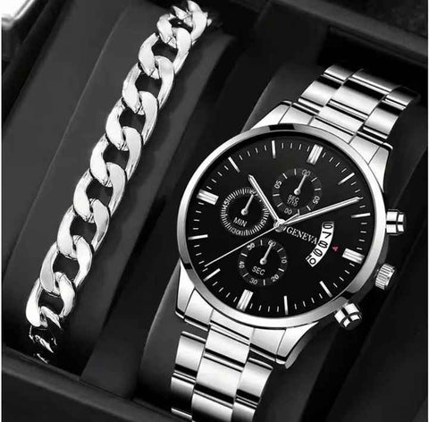 men's watch, Geneva calendar watch, stainless steel watch, business watch for men, Australian men's fashion, dress watch, formal watch, calendar wristwatch, Australian men's accessories - Black - Size 4 In Australia - Darrahopens