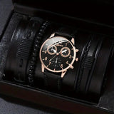 men's bracelet watch set, single calendar watch, fake three eye watch, canvas quartz watch, PU bracelet, men's fashion accessory, gift for men, Australian men's watch - Black - Size 10