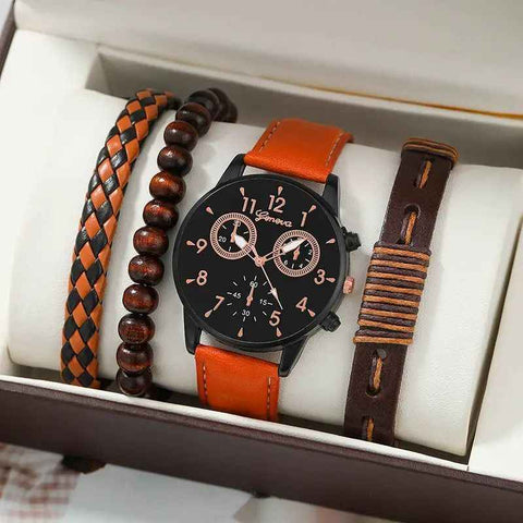 men's bracelet watch set, single calendar watch, fake three eye watch, canvas quartz watch, PU bracelet, men's fashion accessory, gift for men, Australian men's watch - Black - Size 11 In Australia - Darrahopens