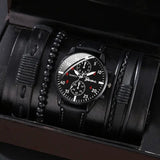 men's bracelet watch set, single calendar watch, fake three eye watch, canvas quartz watch, PU bracelet, men's fashion accessory, gift for men, Australian men's watch - Black - Size 12