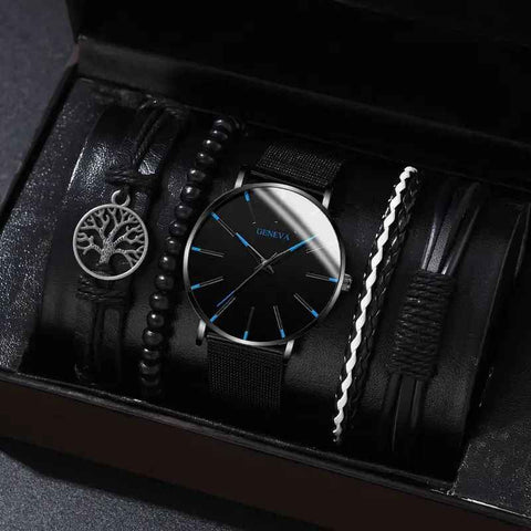 men's bracelet watch set, single calendar watch, fake three eye watch, canvas quartz watch, PU bracelet, men's fashion accessory, gift for men, Australian men's watch - Black - Size 2 In Australia - Darrahopens