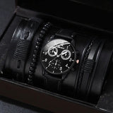 men's bracelet watch set, single calendar watch, fake three eye watch, canvas quartz watch, PU bracelet, men's fashion accessory, gift for men, Australian men's watch - Black - Size 2