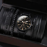 men's bracelet watch set, single calendar watch, fake three eye watch, canvas quartz watch, PU bracelet, men's fashion accessory, gift for men, Australian men's watch - Black - Size 5