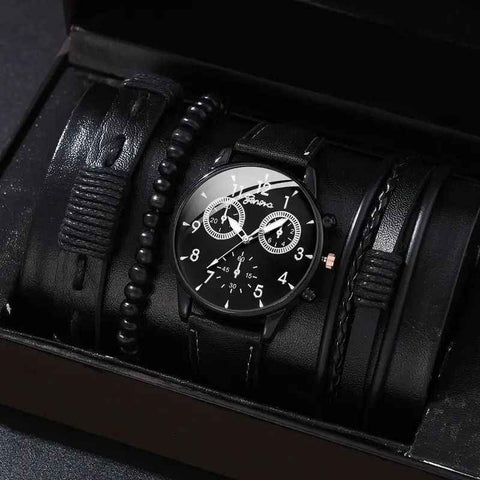 men's bracelet watch set, single calendar watch, fake three eye watch, canvas quartz watch, PU bracelet, men's fashion accessory, gift for men, Australian men's watch - Black - Size 6 In Australia - Darrahopens
