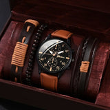 men's bracelet watch set, single calendar watch, fake three eye watch, canvas quartz watch, PU bracelet, men's fashion accessory, gift for men, Australian men's watch - Black - Size 6
