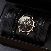 men's bracelet watch set, single calendar watch, fake three eye watch, canvas quartz watch, PU bracelet, men's fashion accessory, gift for men, Australian men's watch - Black - Size 7 In Australia - Darrahopens