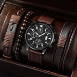 men's bracelet watch set, single calendar watch, fake three eye watch, canvas quartz watch, PU bracelet, men's fashion accessory, gift for men, Australian men's watch - Black - Size 7 In Australia - Darrahopens