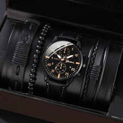 men's bracelet watch set, single calendar watch, fake three eye watch, canvas quartz watch, PU bracelet, men's fashion accessory, gift for men, Australian men's watch - Black - Size 8 In Australia - Darrahopens