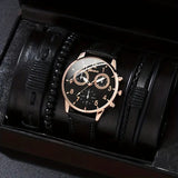 men's bracelet watch set, single calendar watch, fake three eye watch, canvas quartz watch, PU bracelet, men's fashion accessory, gift for men, Australian men's watch - Black - Size 8