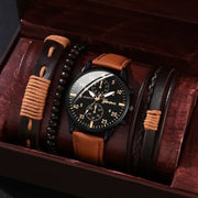 men's bracelet watch set, single calendar watch, fake three eye watch, canvas quartz watch, PU bracelet, men's fashion accessory, gift for men, Australian men's watch - Black - Size 8