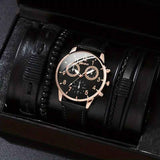 men's bracelet watch set, single calendar watch, fake three eye watch, canvas quartz watch, PU bracelet, men's fashion accessory, gift for men, Australian men's watch - Black - Size 9 In Australia - Darrahopens