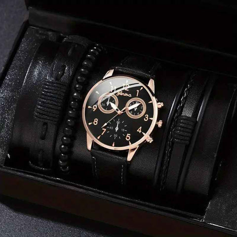 men's bracelet watch set, single calendar watch, fake three eye watch, canvas quartz watch, PU bracelet, men's fashion accessory, gift for men, Australian men's watch - Black - Size 9 In Australia - Darrahopens