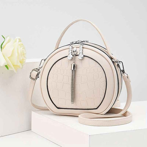 Ladies Handbag Round Handbag Croc-Embossed Handbag Tassel Handbag High-Quality - Beige - Size L In Australia - Darrahopens