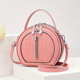Ladies Handbag Round Handbag Croc-Embossed Handbag Tassel Handbag High-Quality - Black - Size L