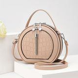 Ladies Handbag Round Handbag Croc-Embossed Handbag Tassel Handbag High-Quality - Burgundy - Size L