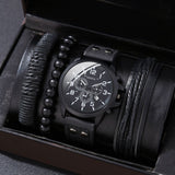 Men'S Bracelet Watch Set Single Calendar Watch Fake Three Eye Watch Canvas - Black - Size 13