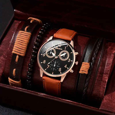 Men'S Bracelet Watch Set Single Calendar Watch Fake Three Eye Watch Canvas - Black - Size 14