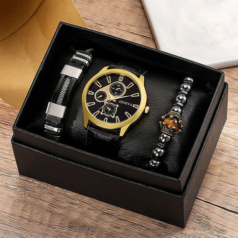 Men'S Bracelet Watch Set Single Calendar Watch Fake Three Eye Watch Canvas - Black - Size 18 In Australia - Darrahopens