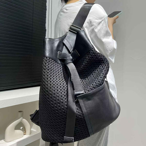 Leather Backpack Mesh Backpack Hybrid Backpack Travel Backpack Stylish Backpack - Black - Size M