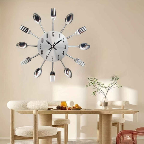 Silver White Cutlery Wall Clock Unique Home Decor Themed Clock Silent Wall Clock Kitchen