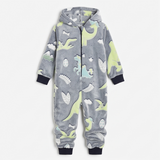 Kids Hooded Onesie - Coral Fleece 220 GSM - Grey Dinosaur - Unisex Size 4