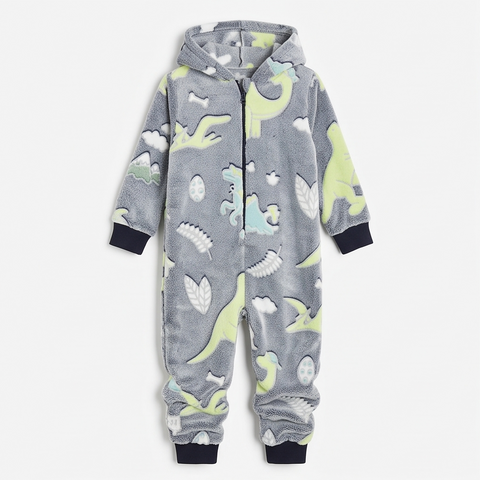 Kids Hooded Onesie - Coral Fleece 220 GSM - Grey Dinosaur - Unisex Size 4