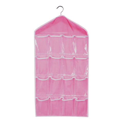 Pink 16 Pocket Hanging Wardrobe Organizer Transparent Storage Bag for Clothes Underwear Socks and Accessories