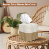 Square Boho Tissue Box Cover: Hand-Woven Holder for Bathroom, Table & Kitchen – Open-Bottom Design Decorative Cover for Home, Office & Farmhouse Decor（White+Khaki）