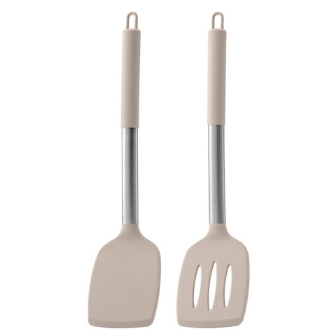 Pack of 2 Silicone Solid Turner, Non Stick Slotted Kitchen Spatulas, High Heat Resistant BPA Free Cooking Utensils, Ideal Cookware for Fish, Eggs, Pancakes(Stainless Steel Khaki)
