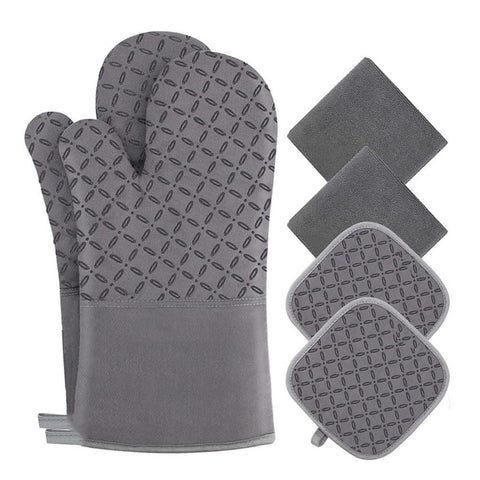 Oven Mitts and Pot Holders Sets 6pcs, Kitchen Oven Glove,High Heat Resistant 550 Degree Extra Long Oven Mitts and Potholders with Non-Slip Silicone Surface for Home Essentials (Grey)