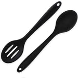 Heat Resistant Silicone Spoons: 10.8in Solid & Slotted Kitchen Cooking Spoon, Nonstick Long Rubber Utensil, Sturdy for Mixing, Serving, Stirring, Frying, Draining (Black, 2PCS)