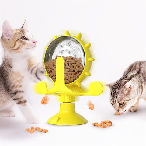 Cat Dog Treat Dispenser Toy - Cat Interactive Feeder Pet Food Toys Feeder 360° Degree Rotating Food Leakage Device Rotate with Strong Suction Cup Money Wheel Shape (Yellow) In Australia - Darrahopens