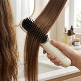 Cordless Hair Straightener Brush Portable 2 in 1 Hair Straightening and Styling Brush with Protein Care and 4 Heat Settings Travel Styling Tool Beige